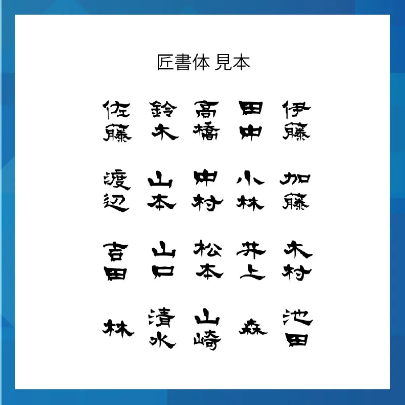 書体見本。日本で特に多い20の苗字を匠書体で並べている