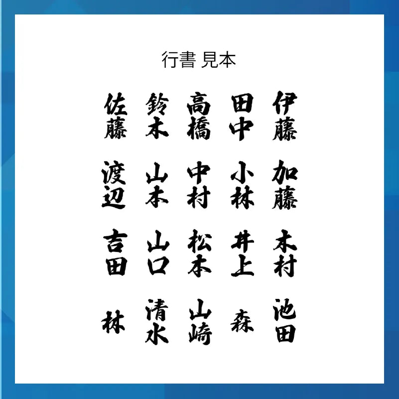 書体見本。日本で特に多い20の苗字を行書で並べている